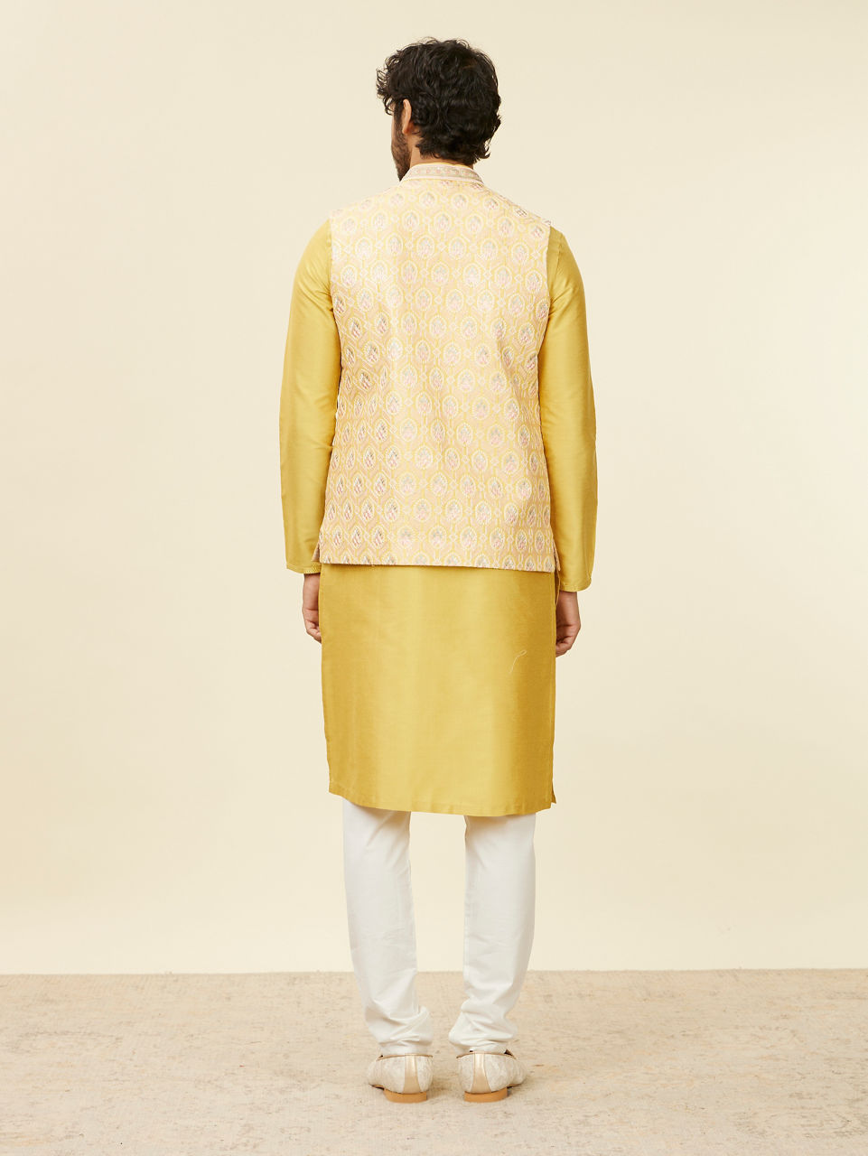 Manyavar Men Yellow Floral Printed Nehru jacket