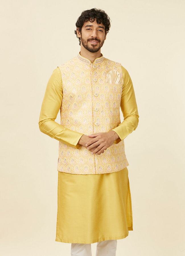 alt message - Manyavar Men Yellow Floral Printed Nehru jacket image number 0