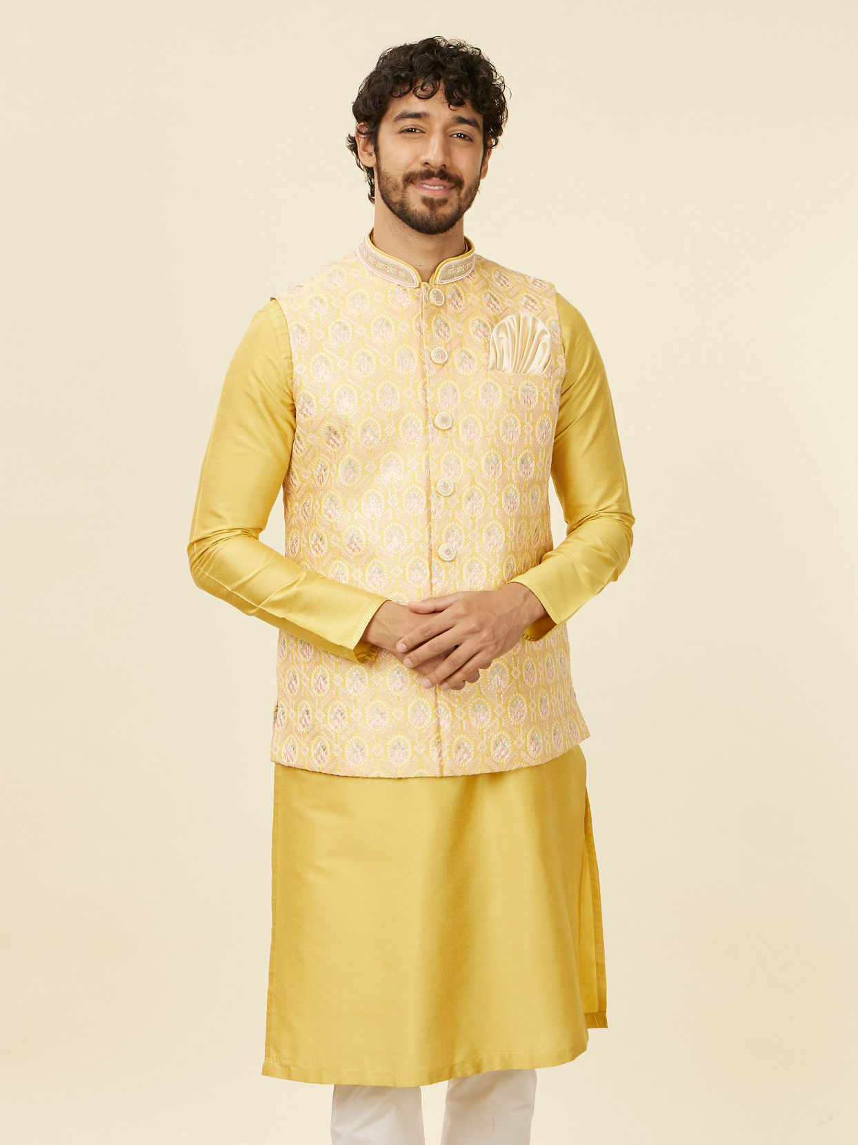 alt message - Manyavar Men Yellow Floral Printed Nehru jacket image number 0