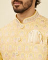 alt message - Manyavar Men Yellow Floral Printed Nehru jacket image number 1