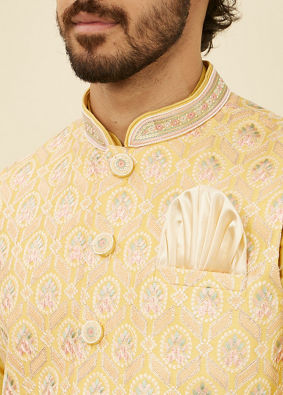 alt message - Manyavar Men Yellow Floral Printed Nehru jacket image number 1