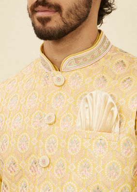 Manyavar Men Yellow Floral Printed Nehru jacket