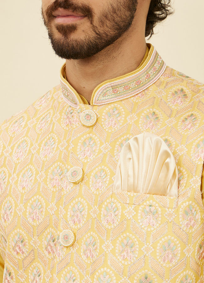 alt message - Manyavar Men Yellow Floral Printed Nehru jacket image number 1