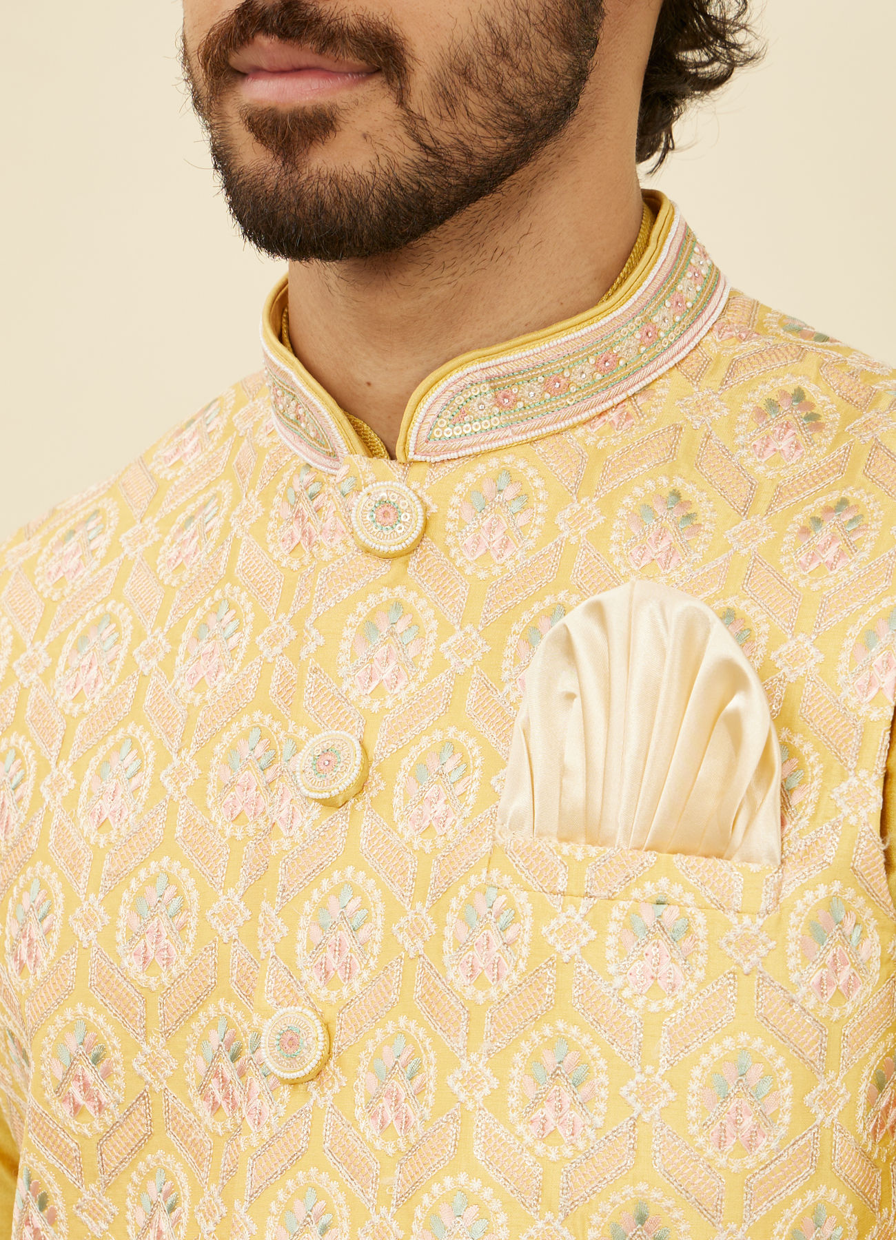 Manyavar Men Yellow Floral Printed Nehru jacket