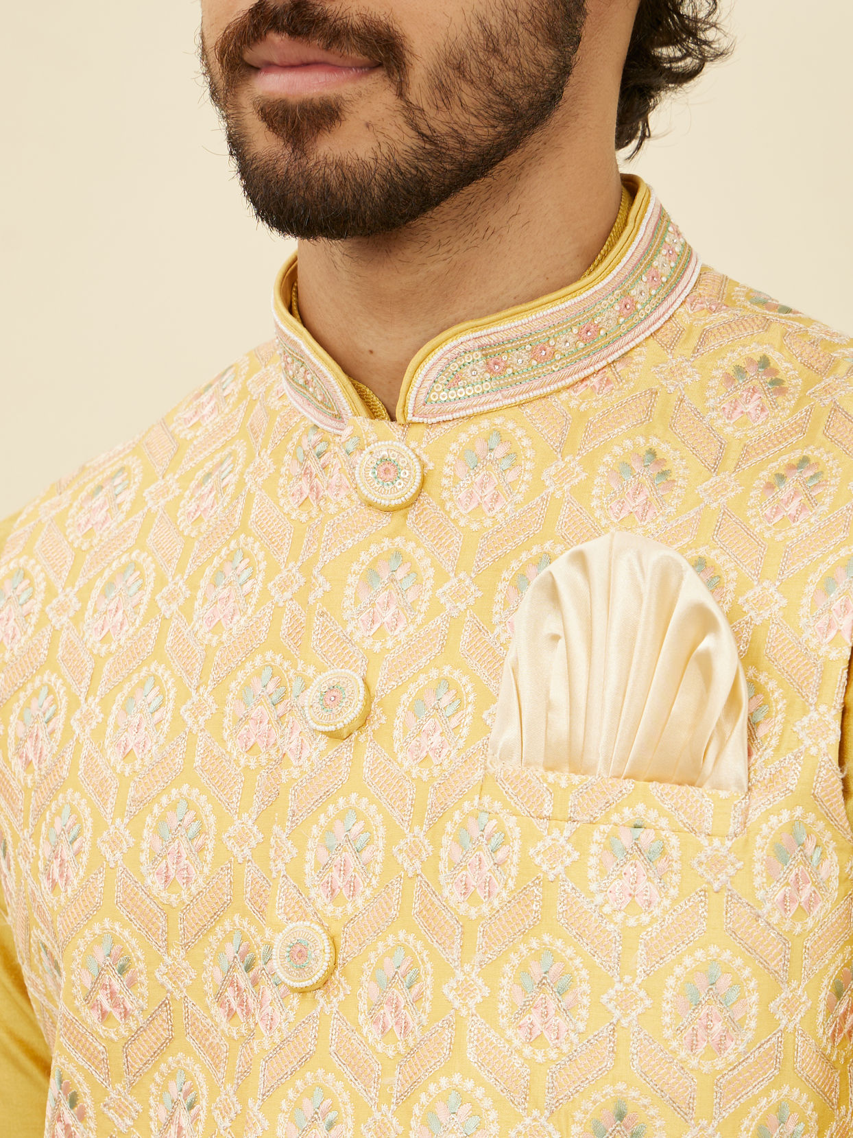 alt message - Manyavar Men Yellow Floral Printed Nehru jacket image number 1