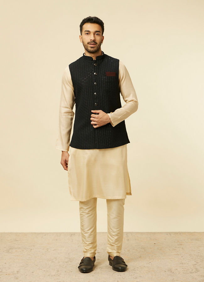 alt message - Manyavar Men Kohl Black Self Patterned Jacket image number 2