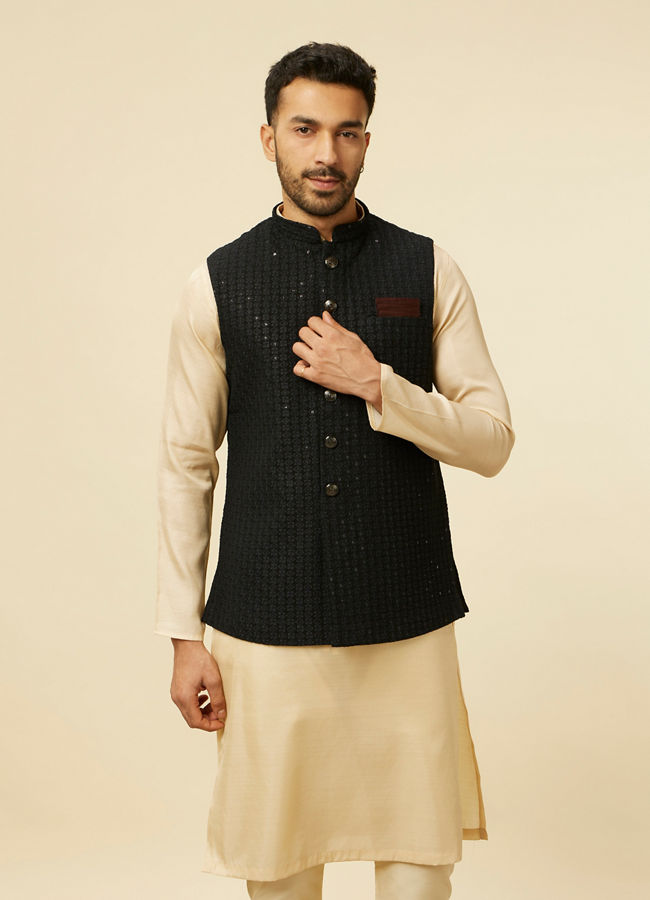 alt message - Manyavar Men Kohl Black Self Patterned Jacket image number 0