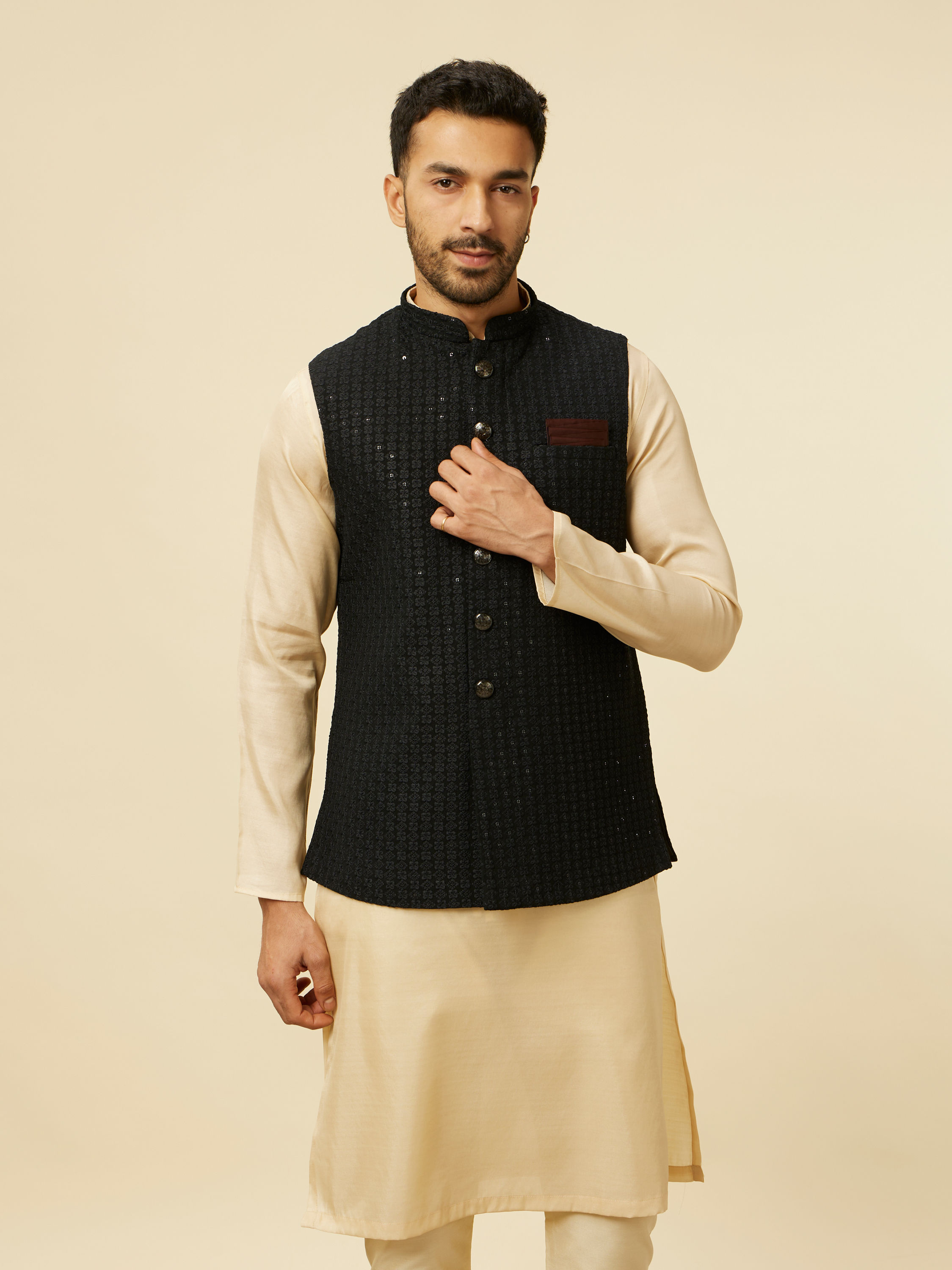 Manyavar Men Kohl Black Self Patterned Jacket