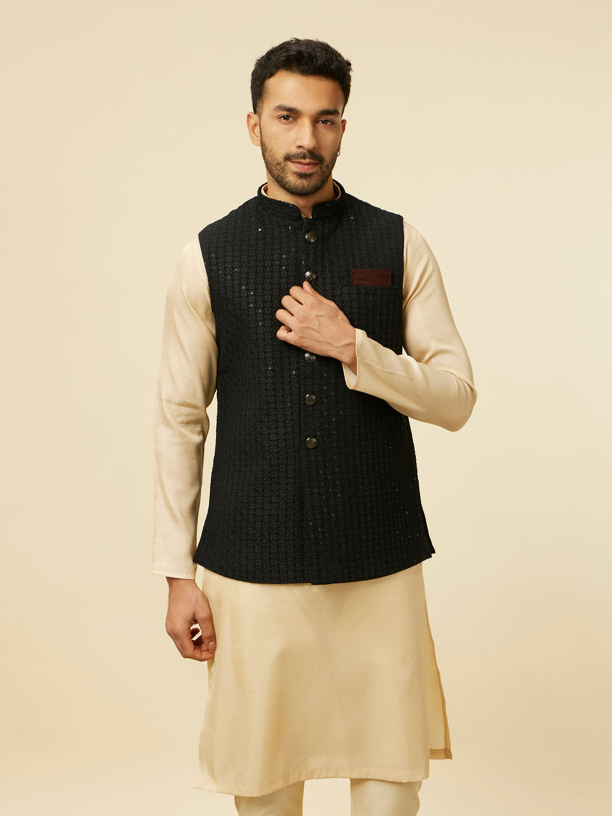 alt message - Manyavar Men Kohl Black Self Patterned Jacket image number 0