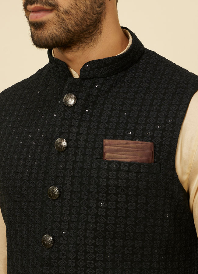 alt message - Manyavar Men Kohl Black Self Patterned Jacket image number 1