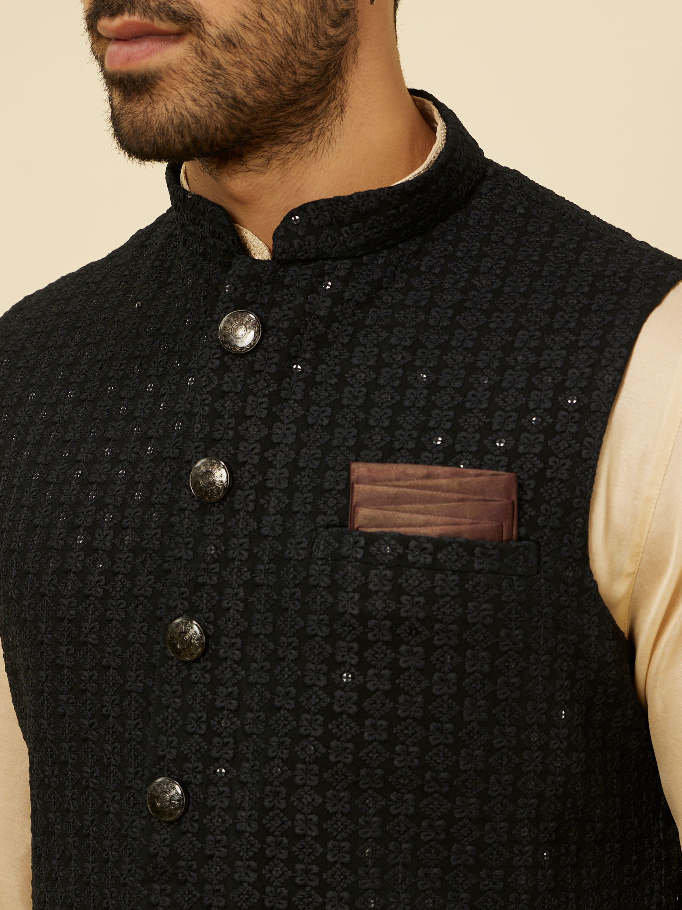 Manyavar Men Kohl Black Self Patterned Jacket