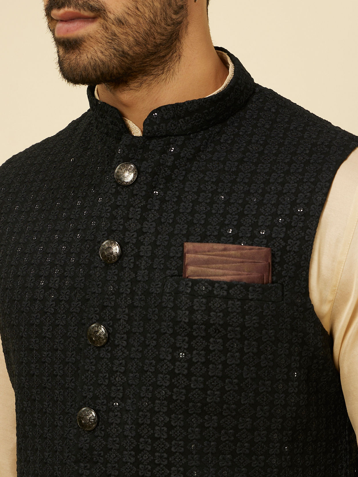 alt message - Manyavar Men Kohl Black Self Patterned Jacket image number 1