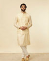 Manyavar Men Cream Beige Floral Printed Jacket