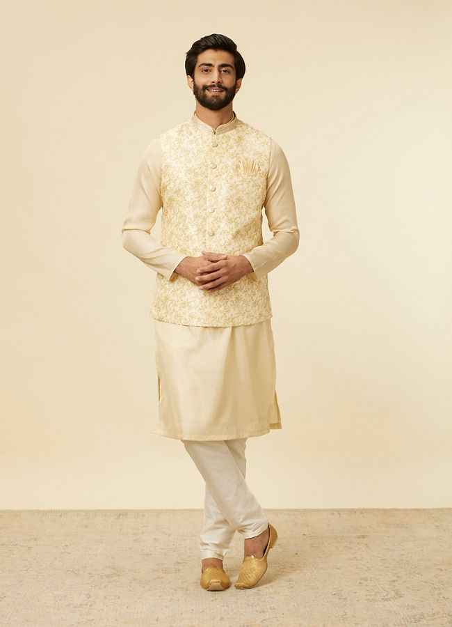 Manyavar Men Cream Beige Floral Printed Jacket