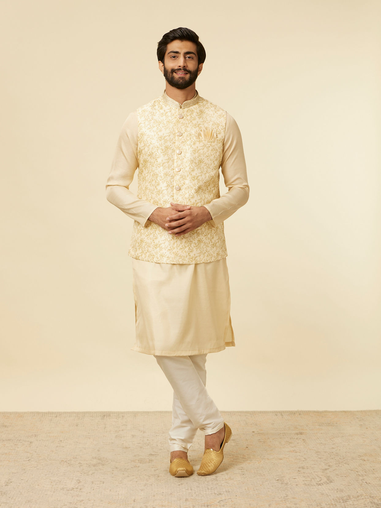 alt message - Manyavar Men Cream Beige Floral Printed Jacket image number 2