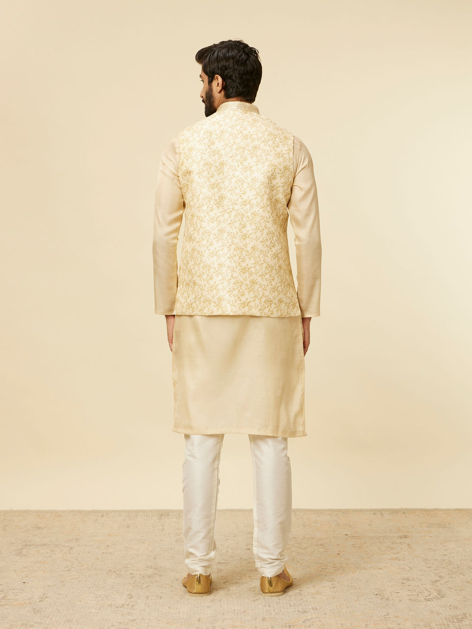 Manyavar Men Cream Beige Floral Printed Jacket
