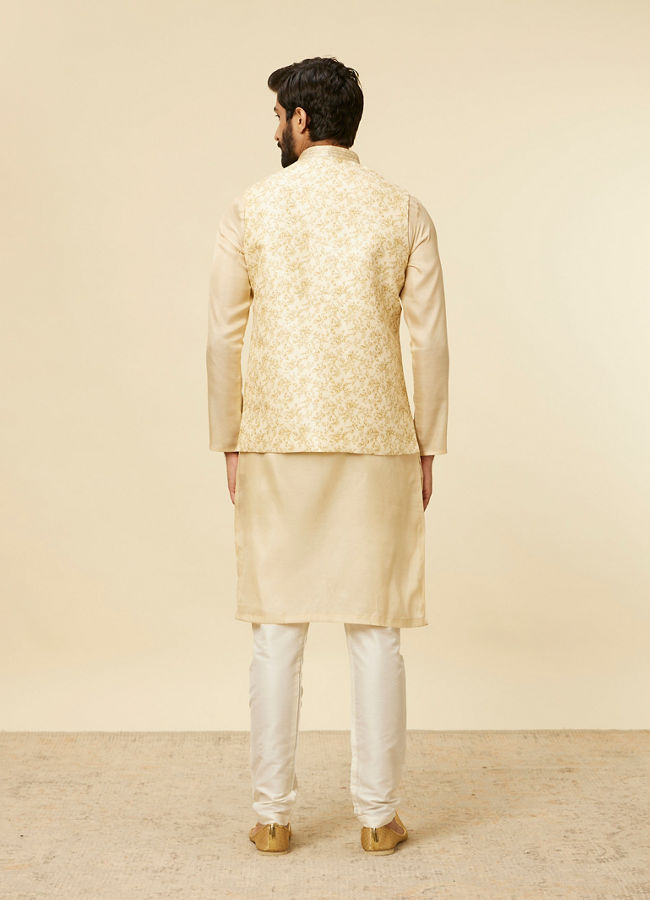 alt message - Manyavar Men Cream Beige Floral Printed Jacket image number 3