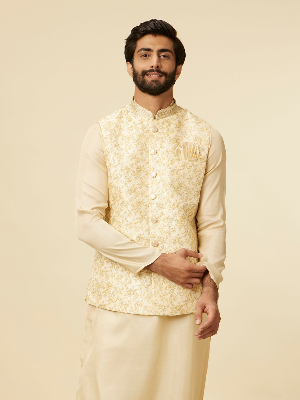 Manyavar Men Cream Beige Floral Printed Jacket