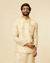 alt message - Manyavar Men Cream Beige Floral Printed Jacket image number 0