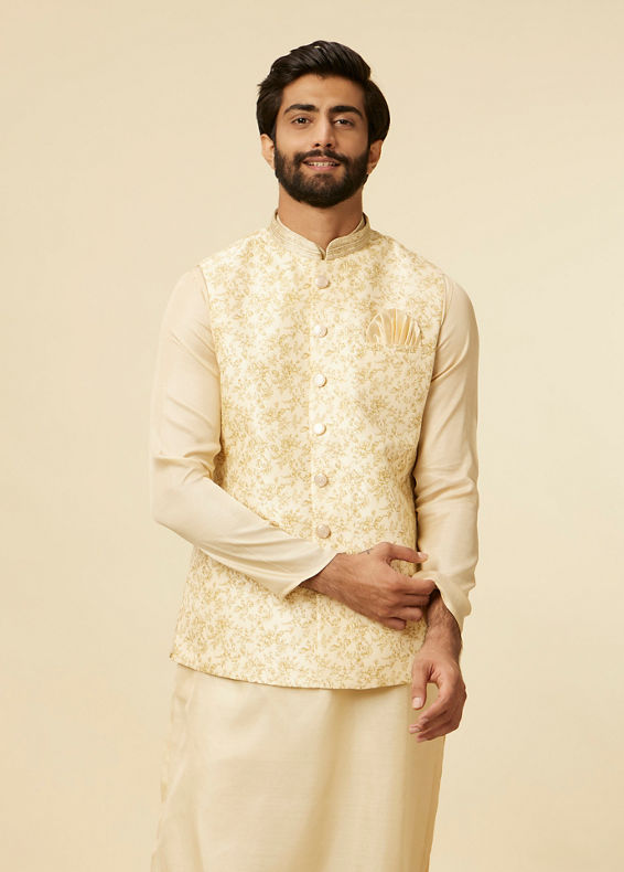 Manyavar Men Cream Beige Floral Printed Jacket