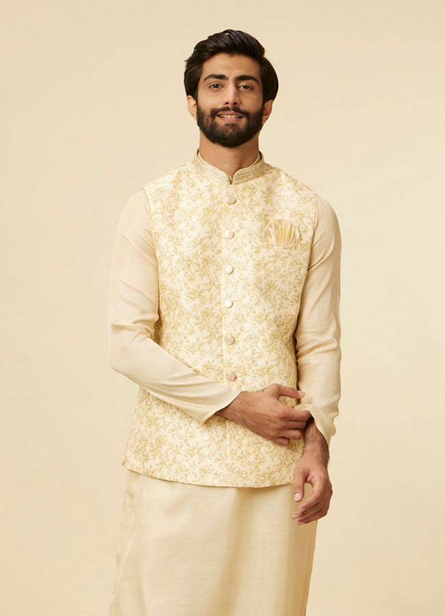 alt message - Manyavar Men Cream Beige Floral Printed Jacket image number 0