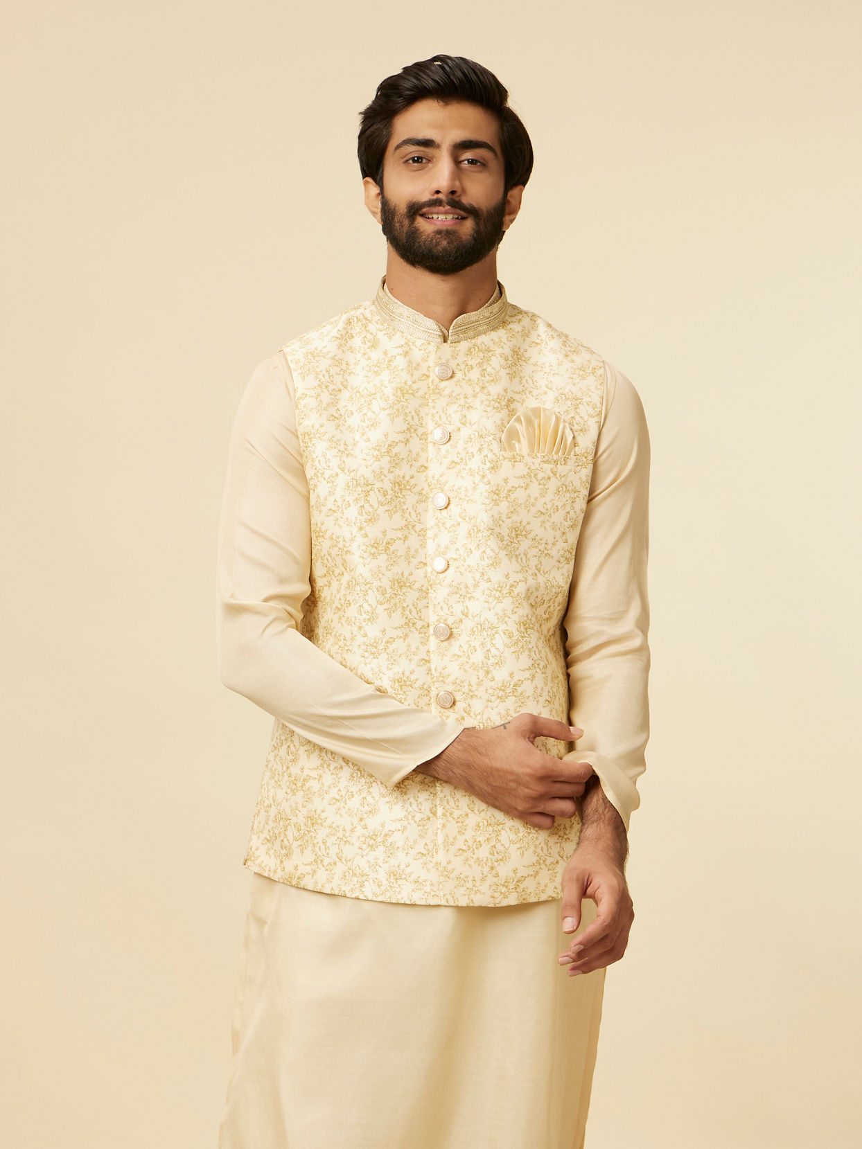 alt message - Manyavar Men Cream Beige Floral Printed Jacket image number 0