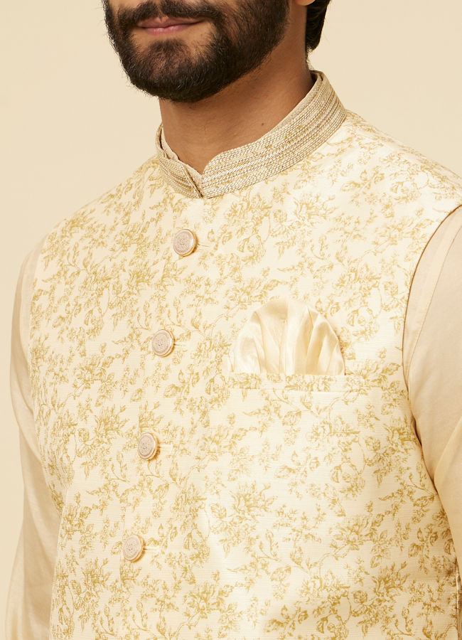 alt message - Manyavar Men Cream Beige Floral Printed Jacket image number 1