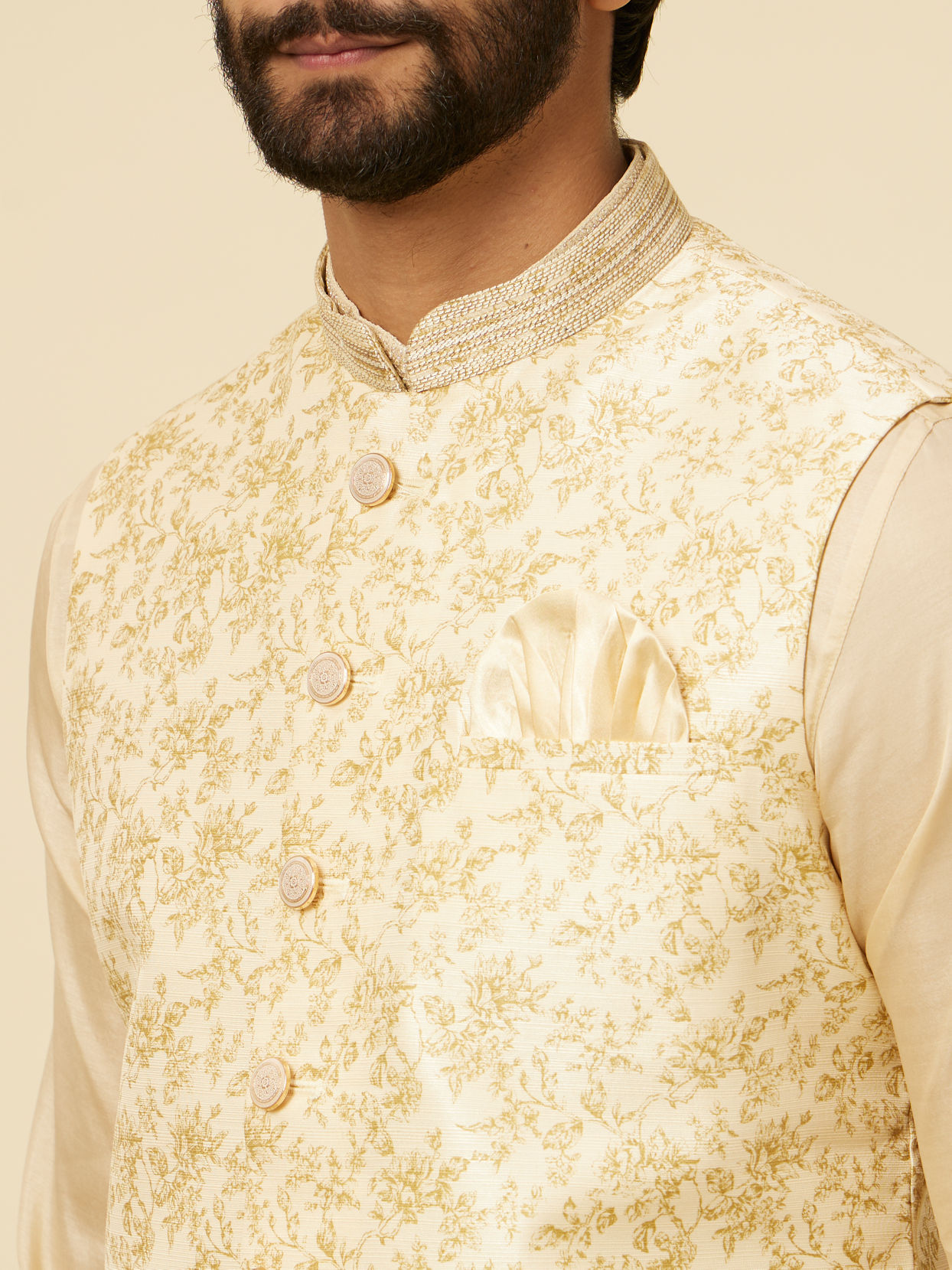 alt message - Manyavar Men Cream Beige Floral Printed Jacket image number 1