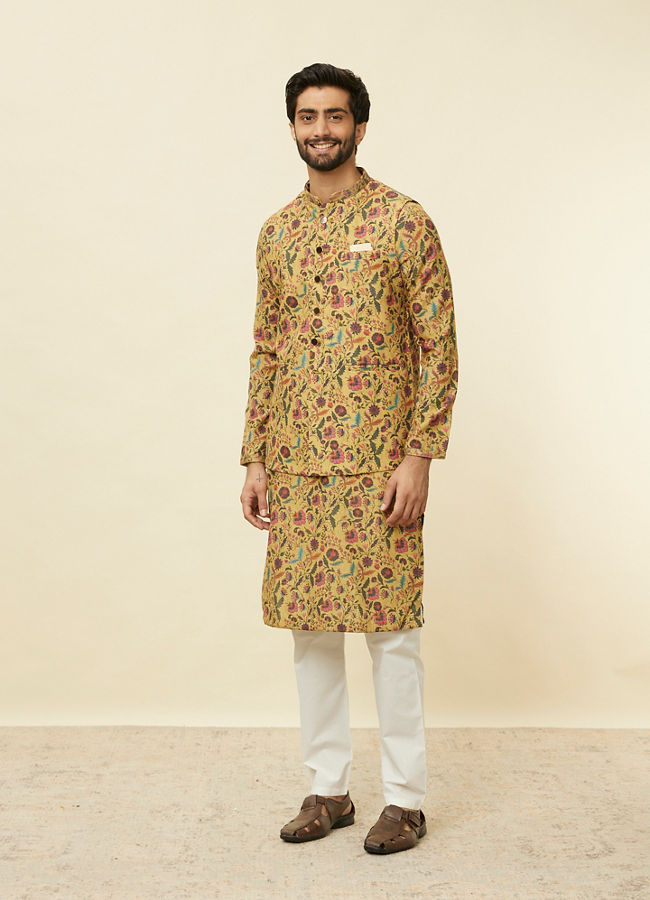 alt message - Manyavar Men Sepia Yellow Bel Buti Patterned Jacket image number 2