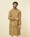 alt message - Manyavar Men Sepia Yellow Bel Buti Patterned Jacket image number 0