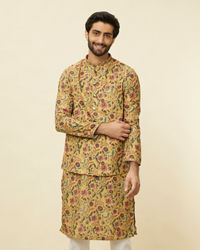 Manyavar Men Sepia Yellow Bel Buti Patterned Jacket