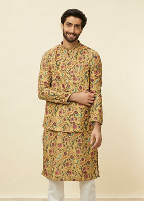 Manyavar Men Sepia Yellow Bel Buti Patterned Jacket