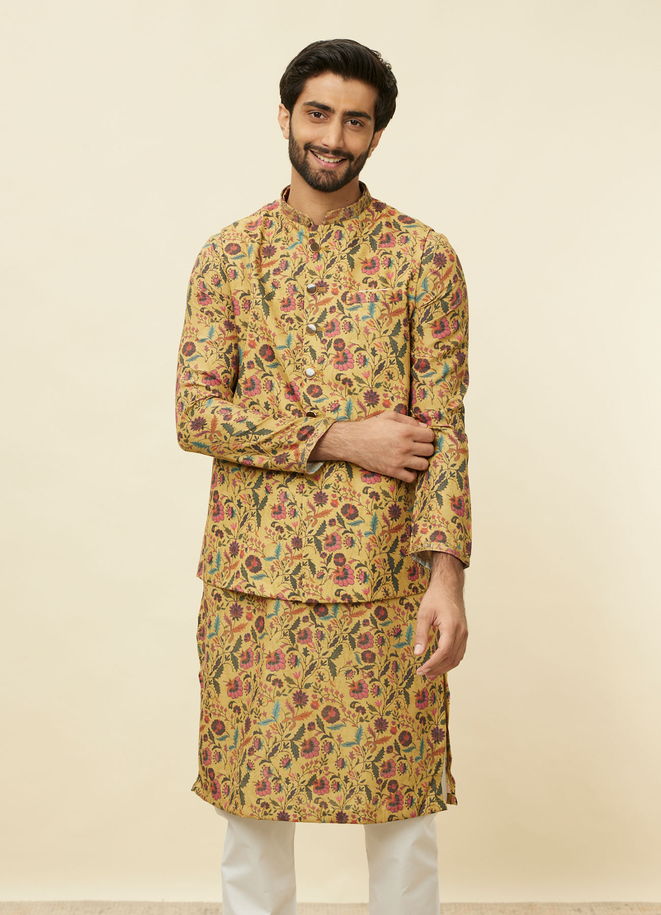 Manyavar Men Sepia Yellow Bel Buti Patterned Jacket