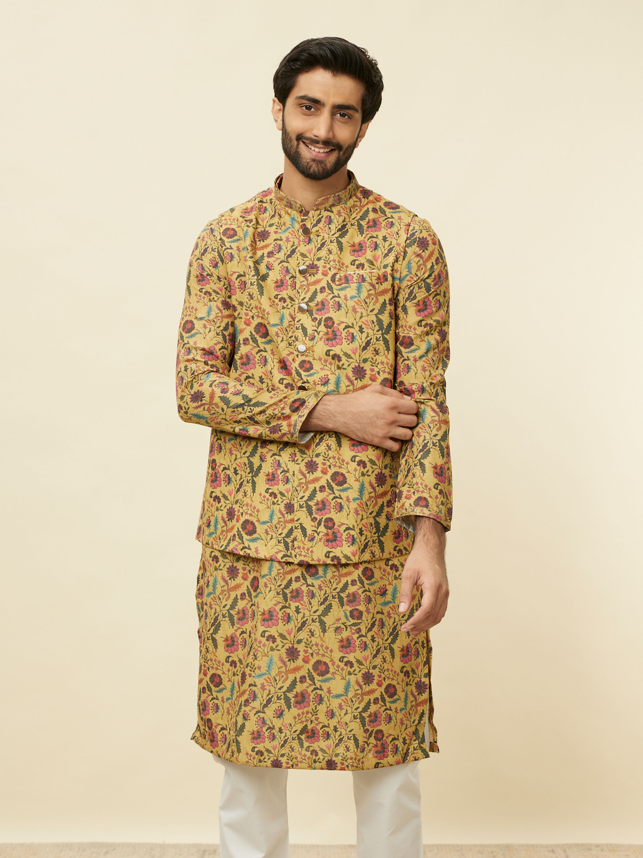 Manyavar Men Sepia Yellow Bel Buti Patterned Jacket