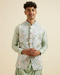 Manyavar Men Light Mid Green Harlequin Print Jacket