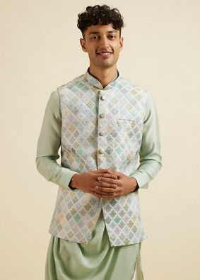 alt message - Manyavar Men Light Mid Green Harlequin Print Jacket