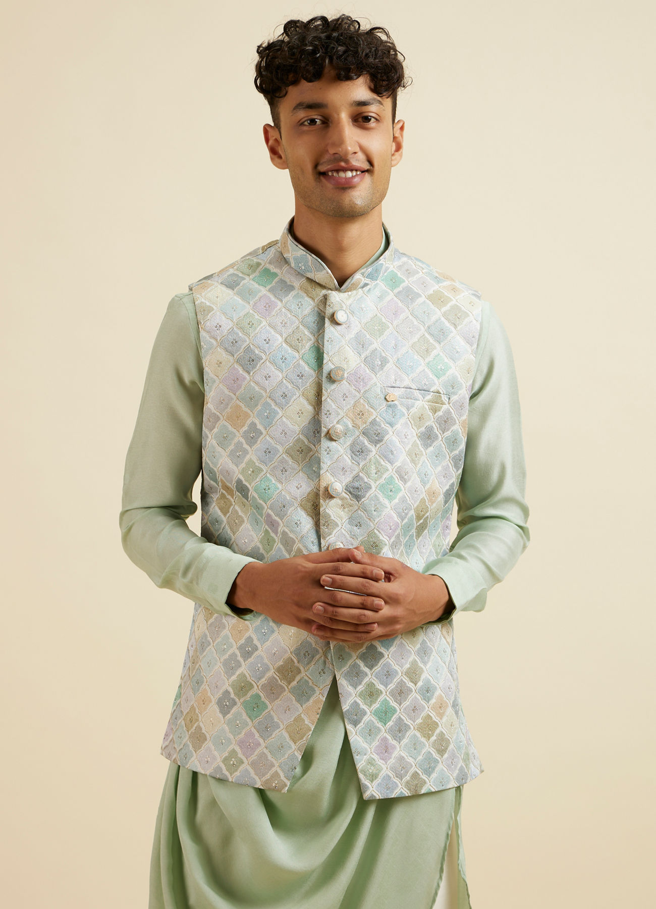 Manyavar Men Light Mid Green Harlequin Print Jacket