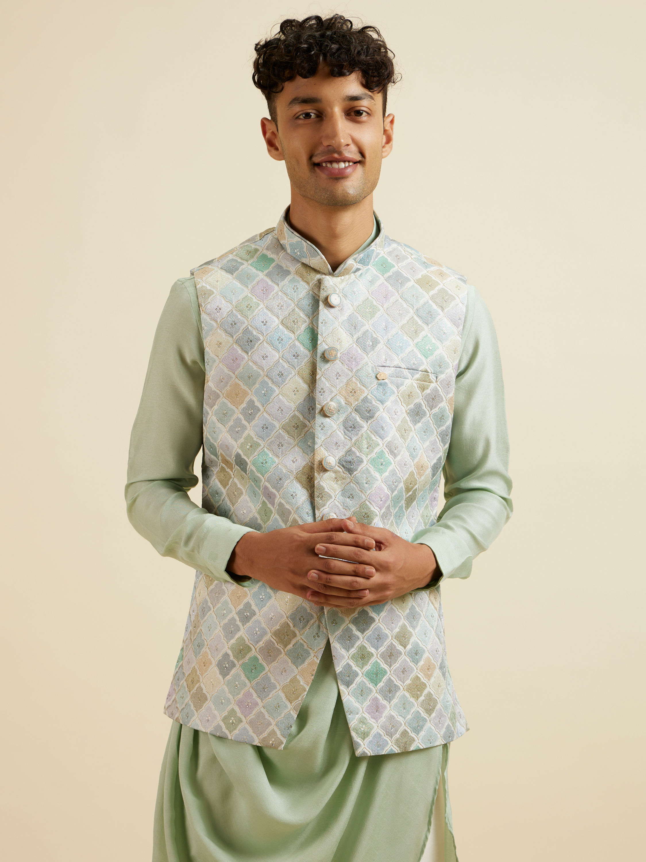 Manyavar Men Light Mid Green Harlequin Print Jacket