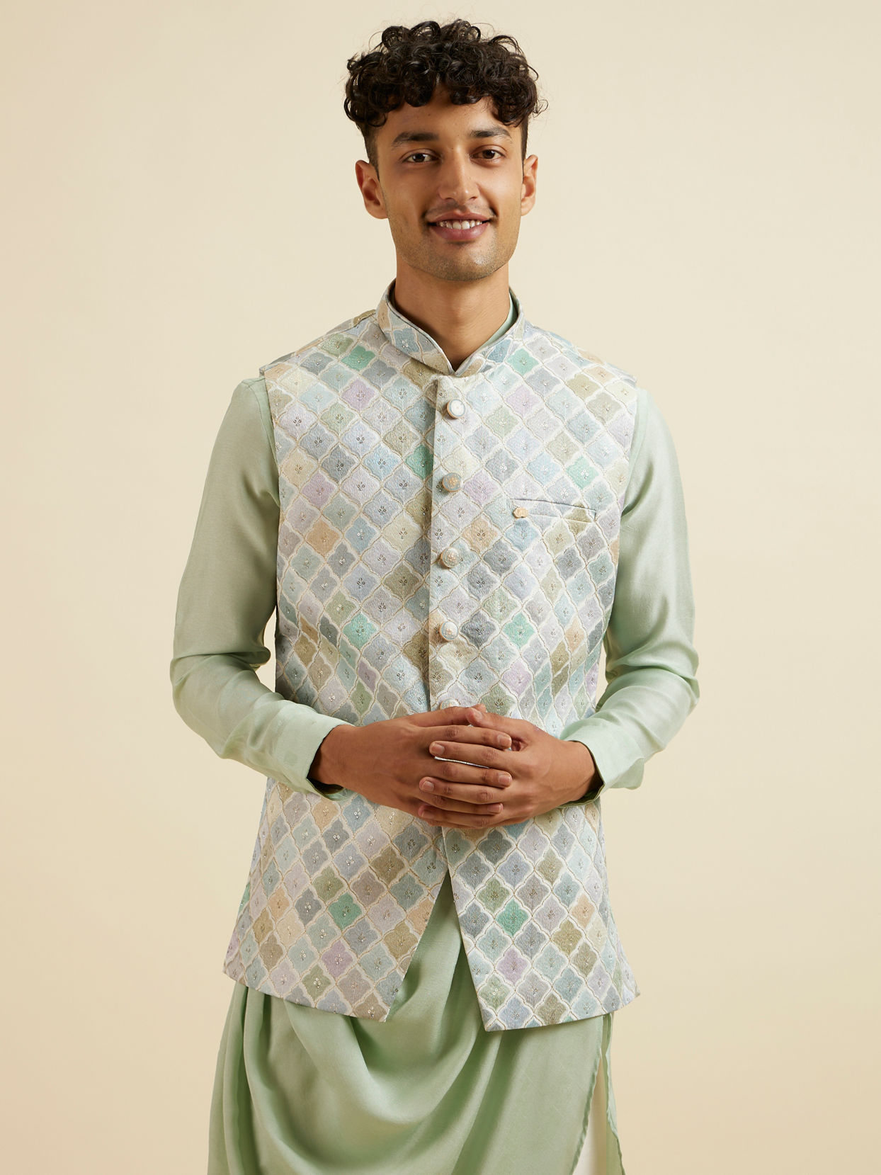 alt message - Manyavar Men Light Mid Green Harlequin Print Jacket image number 0