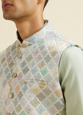 Manyavar Men Light Mid Green Harlequin Print Jacket