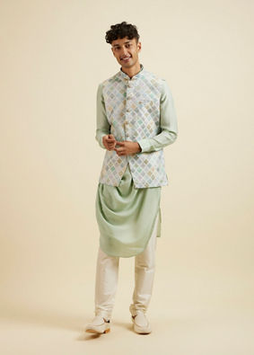 Manyavar Men Light Mid Green Harlequin Print Jacket image number 2