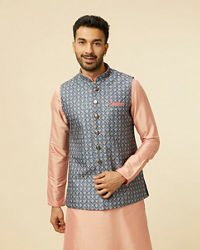 Manyavar Men Teal Blue Jaal Patterned Chikankari Embroidered Jacket