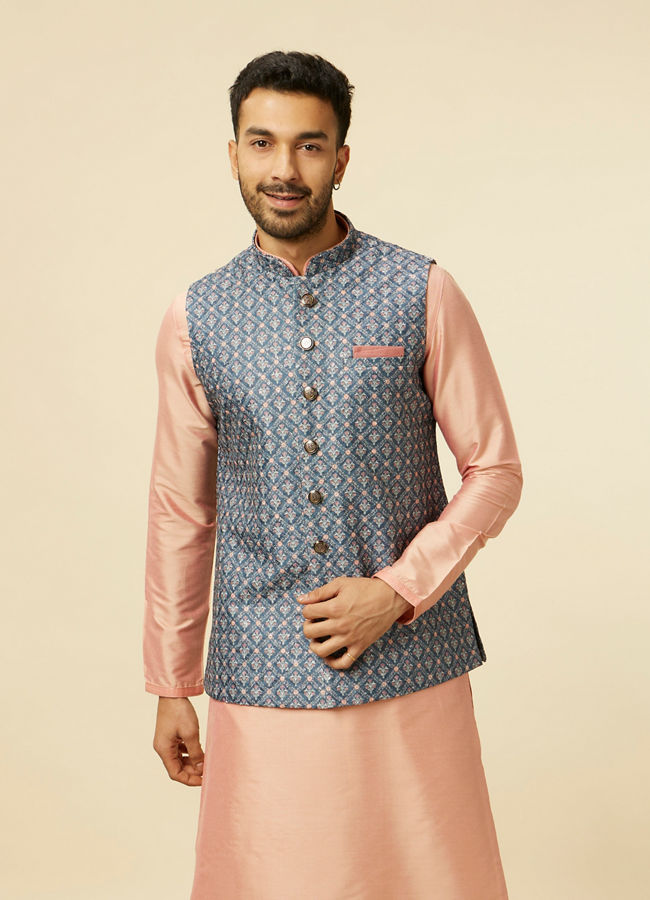 alt message - Manyavar Men Teal Blue Jaal Patterned Chikankari Embroidered Jacket image number 0