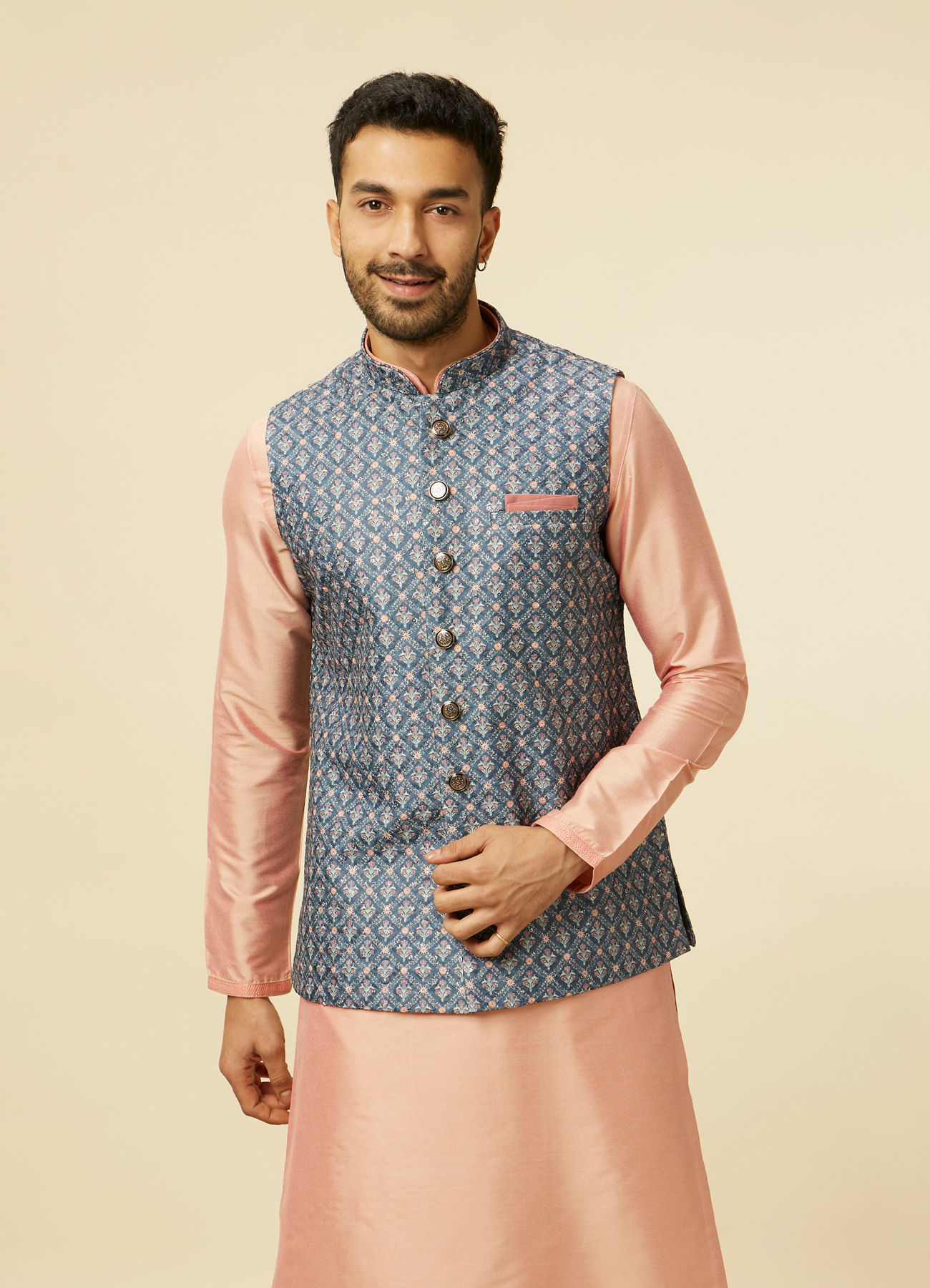 Manyavar Men Teal Blue Jaal Patterned Chikankari Embroidered Jacket