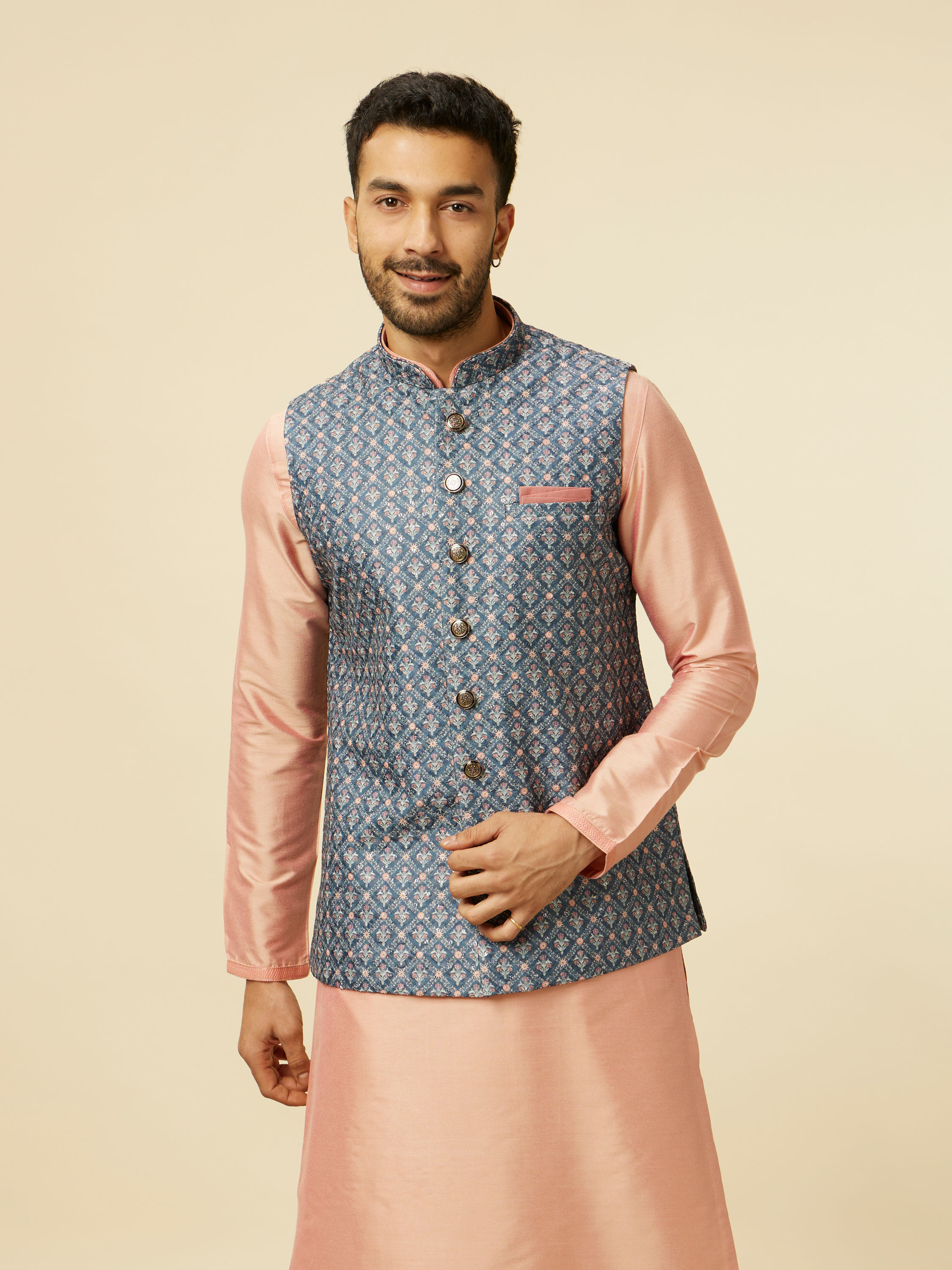 Manyavar Men Teal Blue Jaal Patterned Chikankari Embroidered Jacket