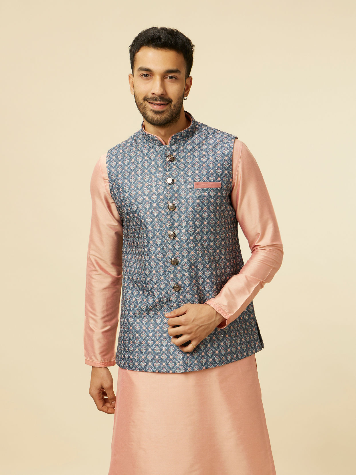 alt message - Manyavar Men Teal Blue Jaal Patterned Chikankari Embroidered Jacket image number 0