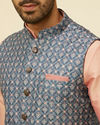 alt message - Manyavar Men Teal Blue Jaal Patterned Chikankari Embroidered Jacket image number 1