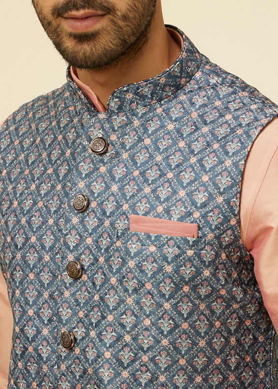 Manyavar Men Teal Blue Jaal Patterned Chikankari Embroidered Jacket