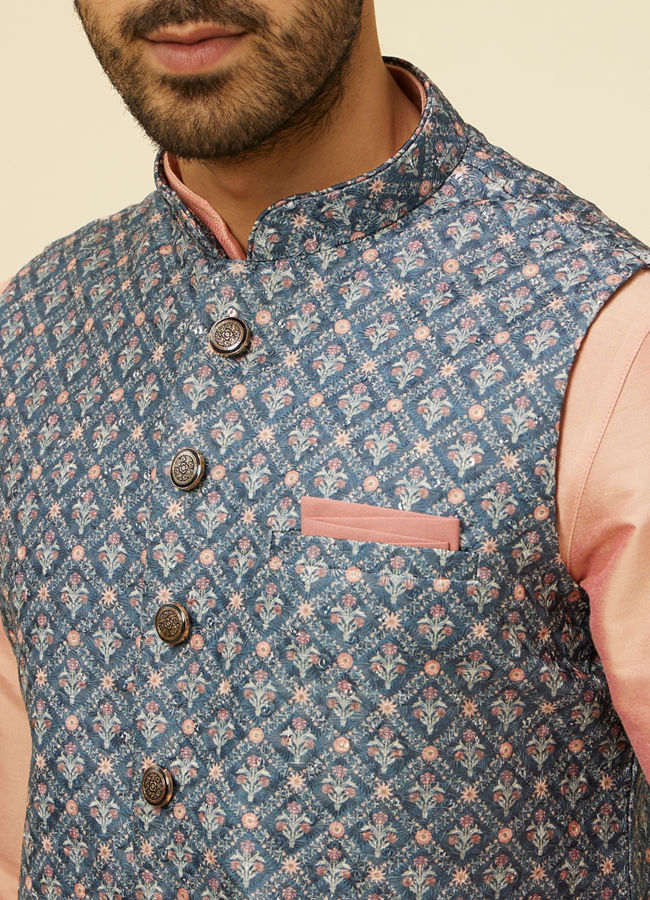 alt message - Manyavar Men Teal Blue Jaal Patterned Chikankari Embroidered Jacket image number 1