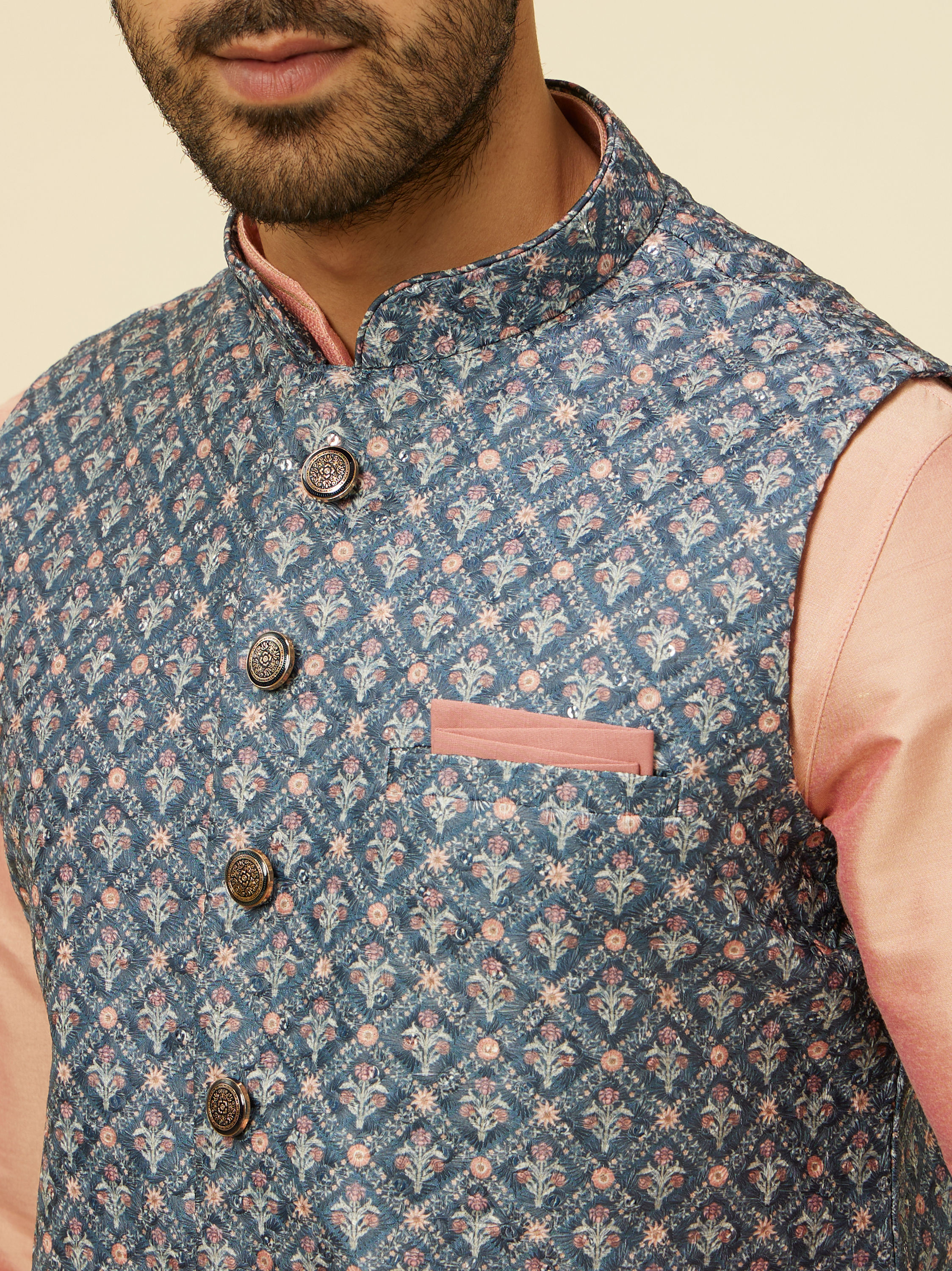 Manyavar Men Teal Blue Jaal Patterned Chikankari Embroidered Jacket